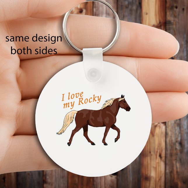 Ich Liebe mein Rocky Mountain Pferd Reittier Schlüsselanhänger (Round keychain with “I love my Rocky” text and illustrated Rocky Mountain Horse, equestrian design.)