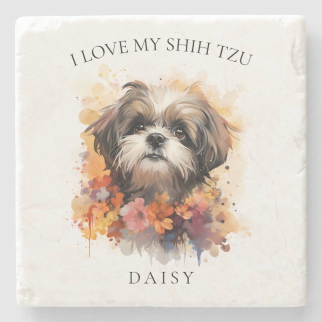 Ich Liebe mein Shih Tzu Floral Dog Portrait Steinuntersetzer (Vorderseite)