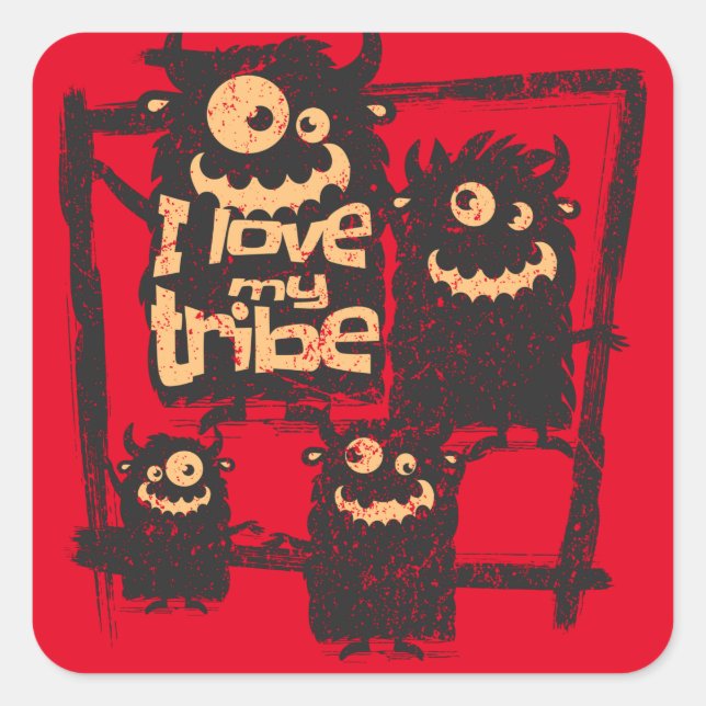 Ich Liebe mein Stamm Funny Monster Familie Hallowe Quadratischer Aufkleber (Vorderseite)