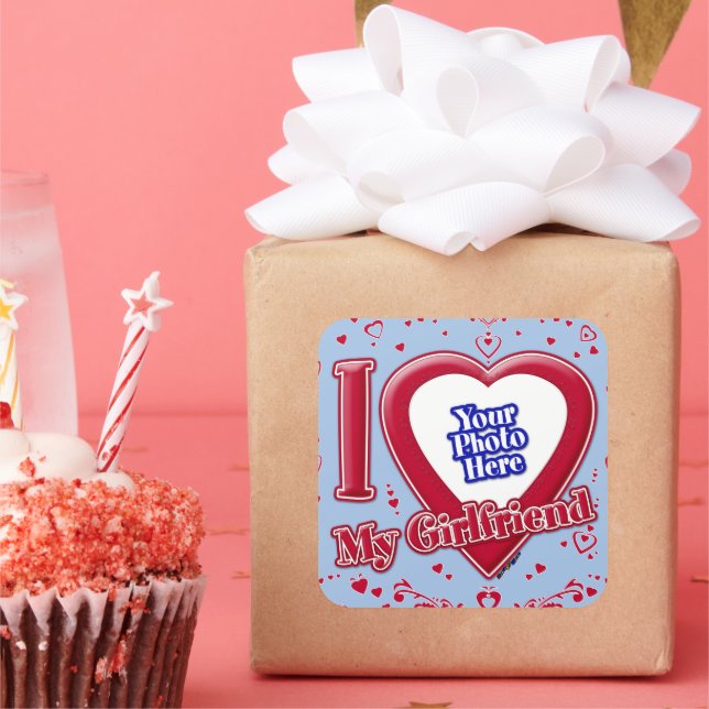 Ich Liebe meine Freundin Foto Red Hearts Baby Blue Quadratischer Aufkleber (Party)