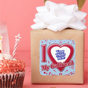 Ich Liebe meine Freundin Foto Red Hearts Light Blu Quadratischer Aufkleber