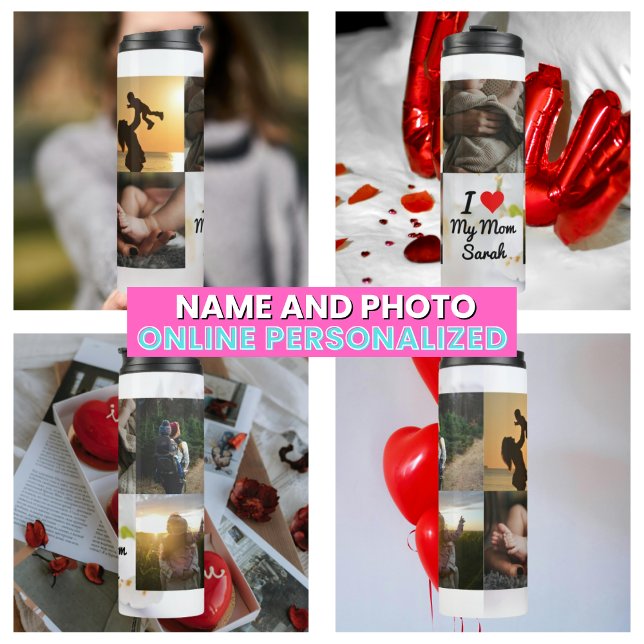 Ich Liebe meine Mama Foto Collage Weiße Blume Thermosbecher (I Love My Mom Photo Collage White Flowers Thermal Tumbler)