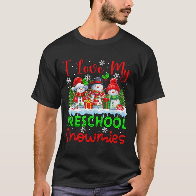 Ich Liebe meine Vorschule Snowmies Weihnachtslehre T-Shirt (Vorderseite)