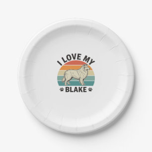 Ich liebe meinen Blake-Hund Retro-Gravurdesign_1 Pappteller