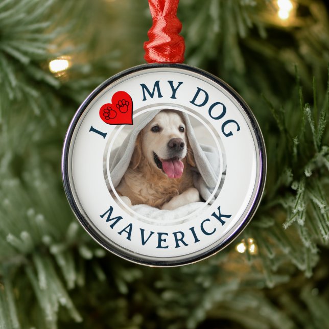 ICH LIEBE MEINEN HUND Personalisiertes Furbaby-Fot Ornament Aus Metall (Baum)