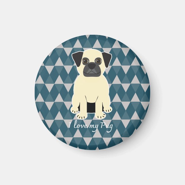 Ich liebe meinen Mops, Blau Diamanten Muster Magnet (Vorne)