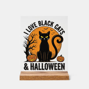 Ich liebe schwarze Katzen Halloween Vintage-Shirt- Acrylschild