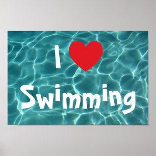 Ich liebe Schwimmen Rotes Herz mit Aqua-Pool-Wasse Poster