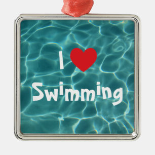 Ich liebe Schwimmen Rotes Herz mit Aqua-Poolwasser Silbernes Ornament