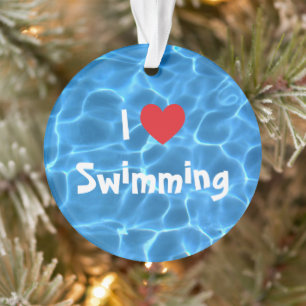 Ich liebe Schwimmen Rotes Herz mit blauem Poolwass Ornament