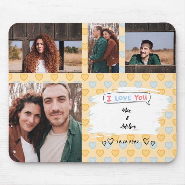 Ich Liebe Sie Couple Foto Collage Gelbe Herzen Mousepad (Vorne)