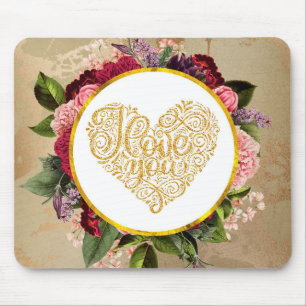 Ich Liebe Sie Extravagantes Goldenes Herz mit Blum Mousepad