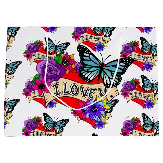 Ich Liebe Sie | Herz, Rose und Schmetterlinge Große Geschenktüte (Vorderseite)