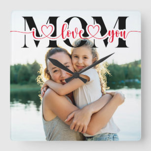 Ich Liebe Sie Mama Red Hearts Typografie Foto Quadratische Wanduhr