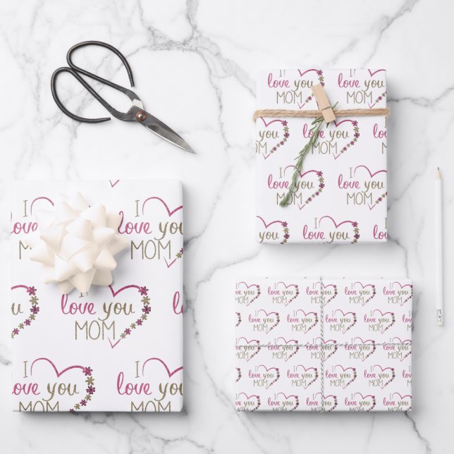 Ich Liebe Sie Mama Zitat Rosa Glitzer Herz Geschenkpapier Set (Vorderseite)