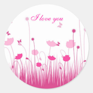 Ich Liebe, Sie Minimalistisch Pink White Poppies B Runder Aufkleber