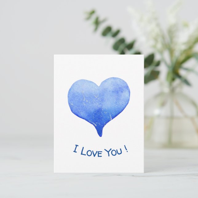Ich Liebe Sie Niedliches blaues Herz Valentine Postkarte (Stehend Vorderseite)