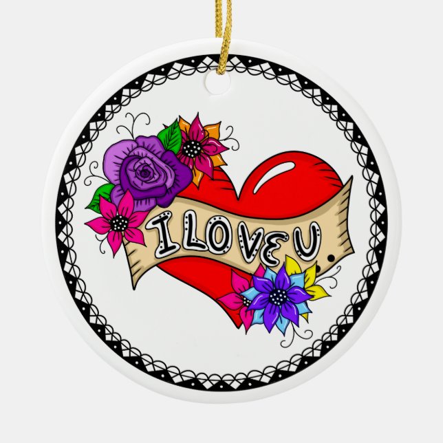 Ich Liebe Sie | Tattoo Heart Personalisiert Keramik Ornament (Vorne)