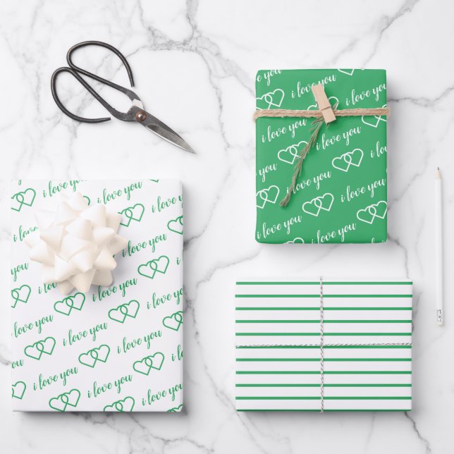 Ich Liebe Sie Valentine grüne Herzen Streifen Geschenkpapier Set (Vorderseite)