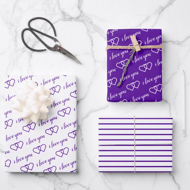 Ich Liebe Sie Valentine Lila Herzen Streifen Geschenkpapier Set (Vorderseite)