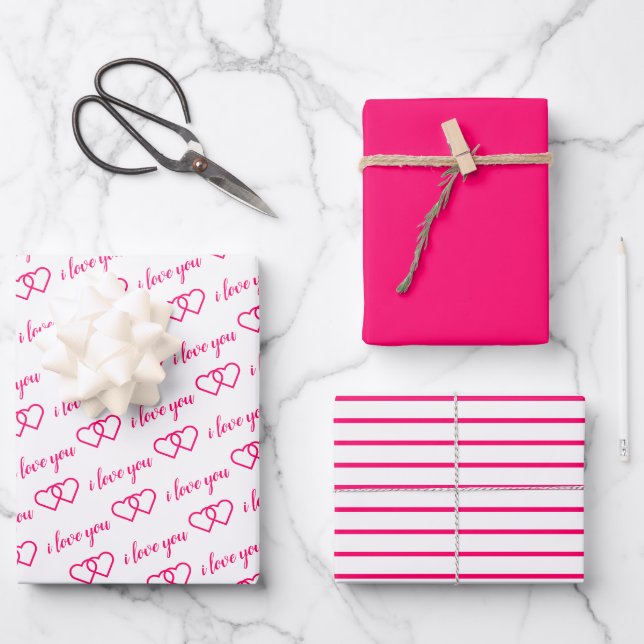 Ich Liebe Sie Valentine Rosa Herz Streifen Geschenkpapier Set (Vorderseite)