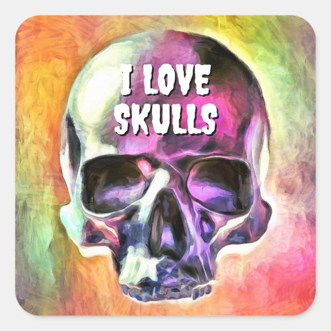 Ich Liebe Skulls. Quadratischer Aufkleber (Vorderseite)