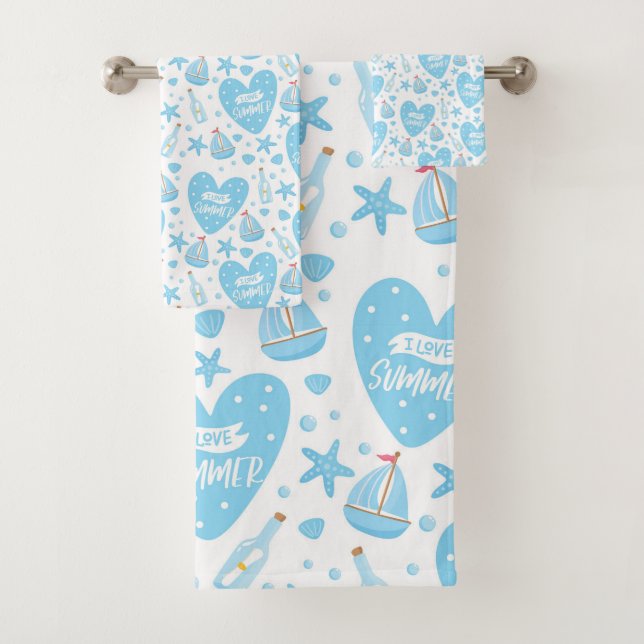 Ich Liebe Summer Baby Blue Sailboat, Ocean, Sea Li Badhandtuch Set (Insitu)