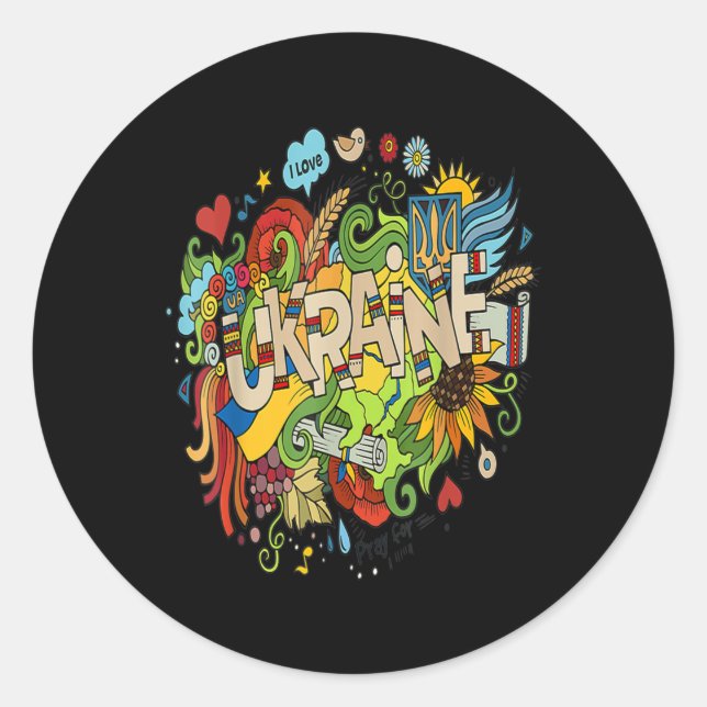 Ich Liebe Ukraine Doodle mit ukrainischer Fahne be Runder Aufkleber (Vorderseite)
