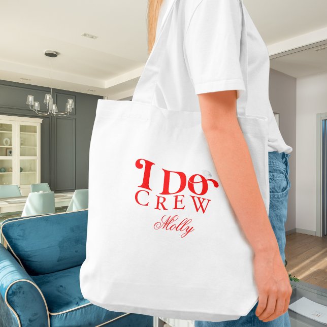 Ich mache Crew Red Modern Schriftart Totbeutel Tragetasche (I Do Crew tote bag with modern serif font – perfect for bridesmaid proposals or bridal celebrations!)