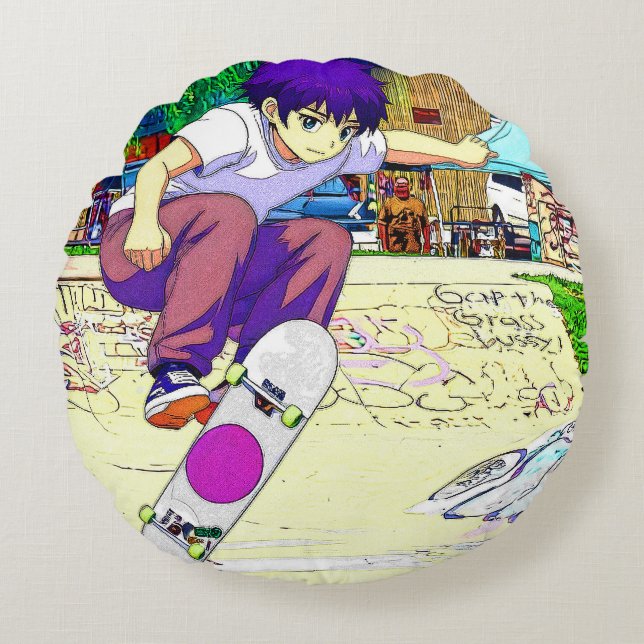 Ich mache es - Junger Skateboarder Rundes Kissen (Vorderseite)