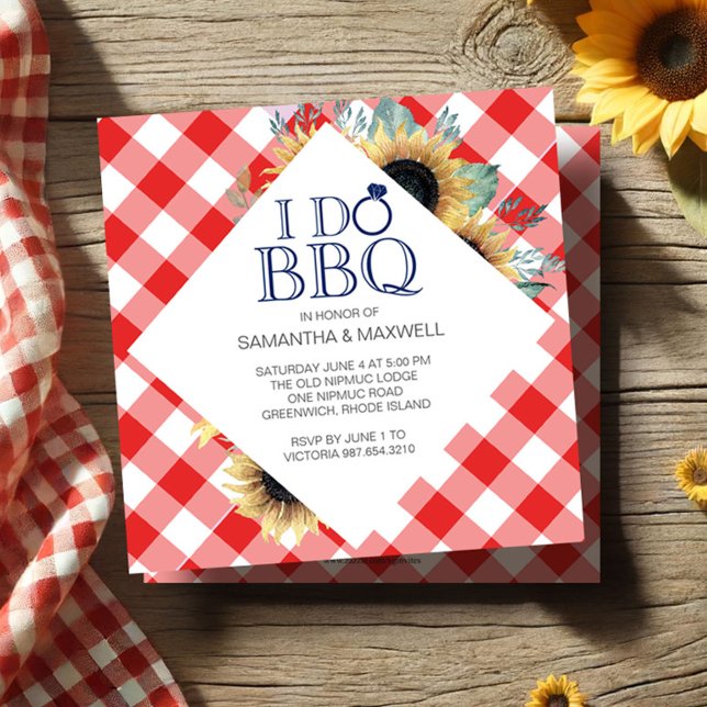 Ich mache GRILLEN-Engagement-Partei Einladung (BBQ engagement party invitations sunflowers and red gingham
)