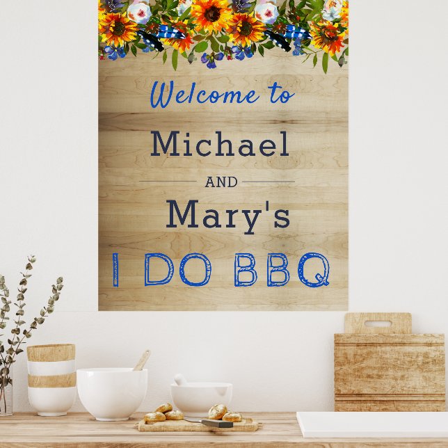 Ich mache GRILLEN Floral Wood Monogram Verlobung W Poster (Küche)