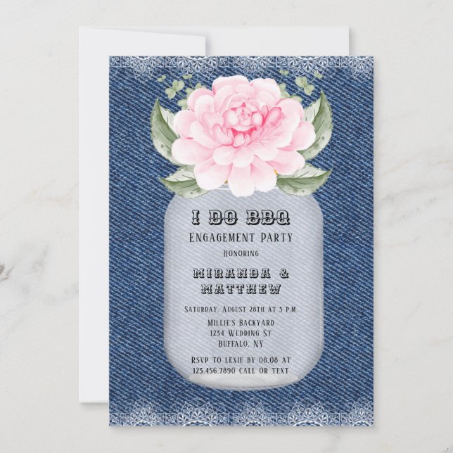Ich mache GRILLEN Mason Jar Pink Peony Engagement  Einladung (Vorderseite)