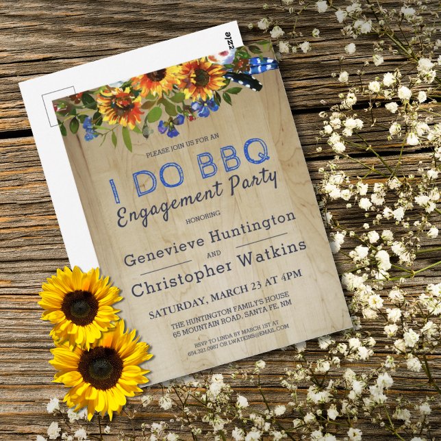 Ich mache GRILLEN Rustic Floral Barn Wood Engageme Postkarte (I DO BBQ Rustic Sunflower Floral Barnwood Engagement Party Invitation Postcard)