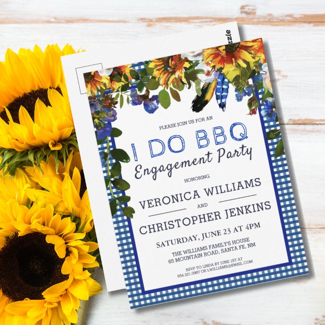 Ich mache GRILLEN Rustic Floral Blue Karierte Verl Postkarte (I DO BBQ Rustic Floral Blue Checker Engagement Party Invitation Postcard)