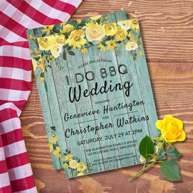 Ich mache GRILLEN | Rustikale Hochzeit von Holz un Einladung (I DO BBQ Rustic Blue Barnwood Yellow Rose Wedding Invitation)