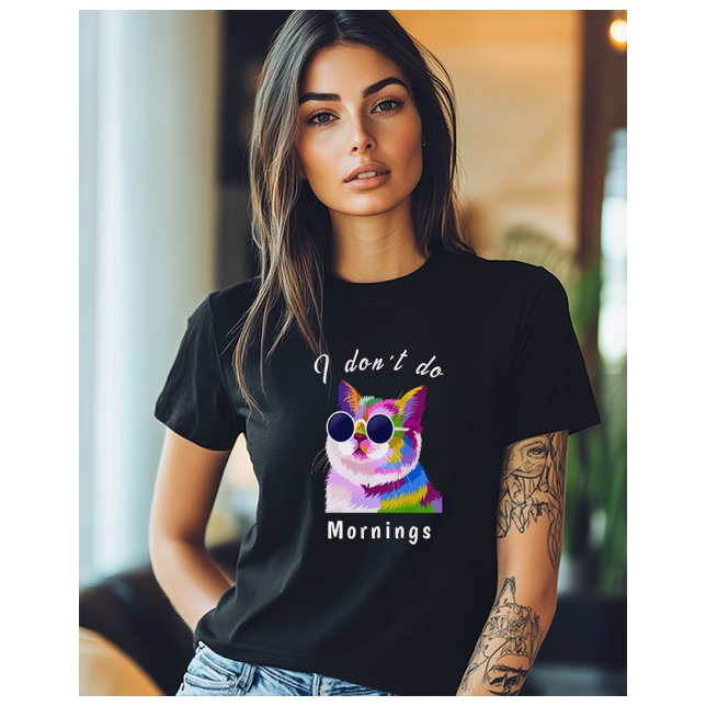 Ich mache keine Sonnenbrille im Katzenklo Pop Art  T-Shirt (Colorful, modern artistic drawing of a cat wearing sunglasses and the words "I don't do mornings")