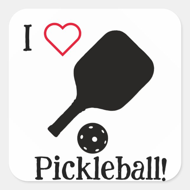 Ich ❤️ Pickleball in schwarz, weiß und rot. Quadratischer Aufkleber (Vorderseite)