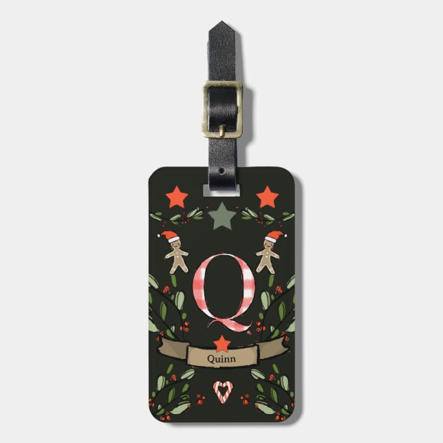 Ich reise für Weihnachts-Monogramm "Q" mit Namen Gepäckanhänger (Vorderseite vertikal)
