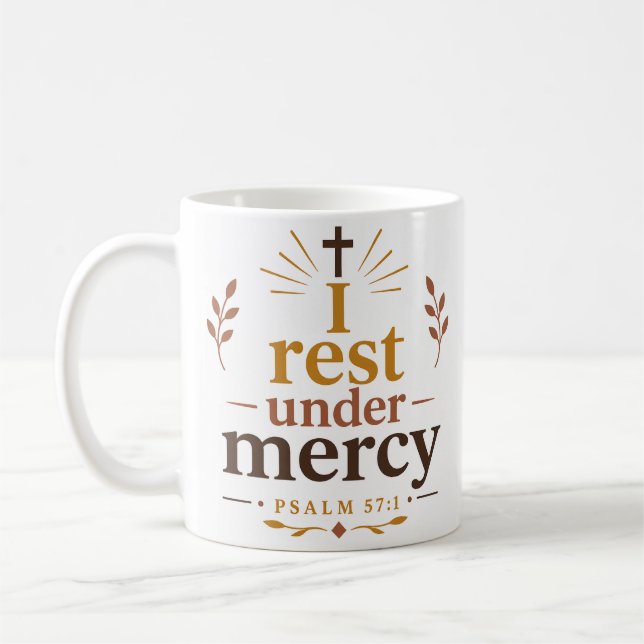 Ich ruhe unter der Barmherzigkeit, inspirierender  Kaffeetasse (Links)