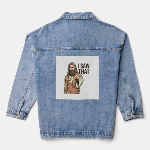 Ich sah diesen religiösen zeigenden Vintage-Stich- Jeansjacke