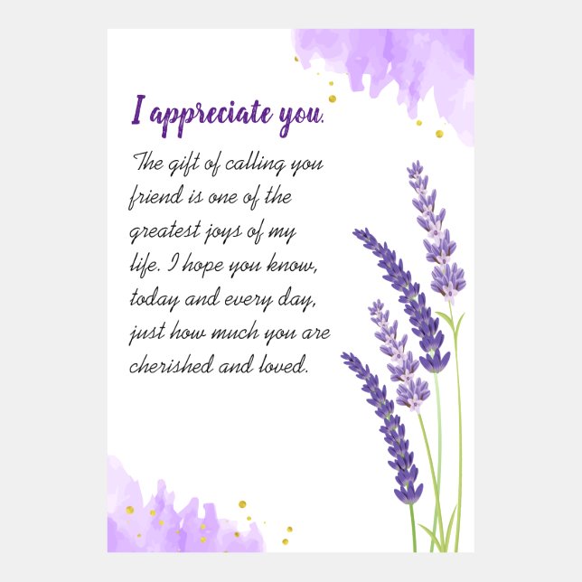 Ich schätze Ihre Kartenvorlage bei Lavendel (Vorderseite)