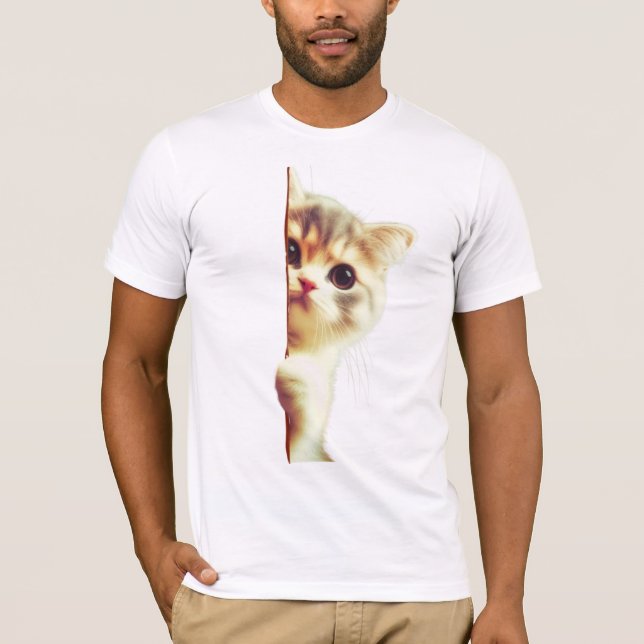 Ich sehe dich! Niedliche Cat Peeking Around Corner T-Shirt (Vorderseite)