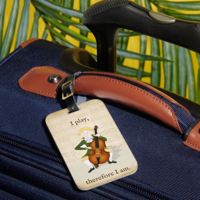 Ich spiele daher." Cello Instrument Case Tag Gepäckanhänger (Vorderseite Insitu 1)