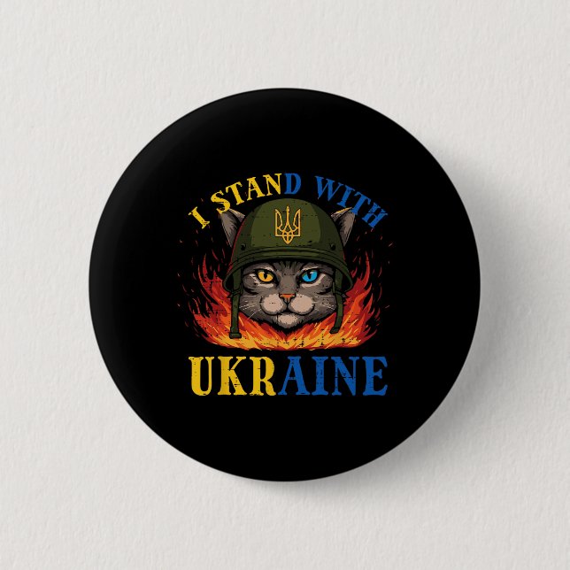 Ich stehe hinter Ukraine Katze Soldat Ukrainische  Button (Vorderseite)