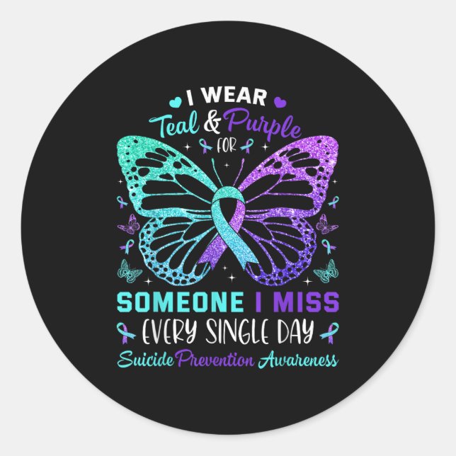 Ich trage Aquamarinen &amp; Lila Schmetterlingssui Runder Aufkleber (Vorderseite)