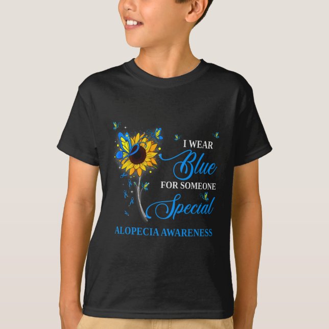 Ich trage Blau für Alopezie Bewusstsein Sonnenblum T-Shirt (Vorderseite)