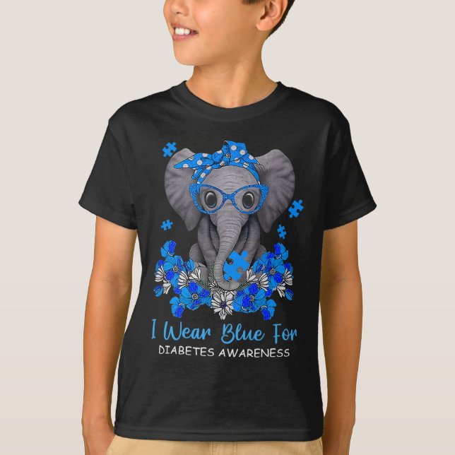 Ich trage Blau für Diabetes-Bewusstsein Elephant W T-Shirt (Vorderseite)