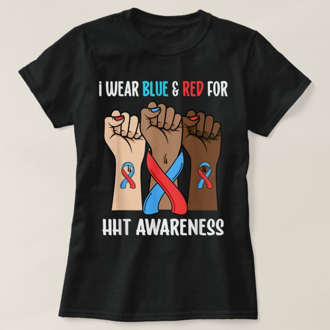 Ich trage Blau und Rot wegen HHT-Bewusstsein T-Shirt (Design vorne)
