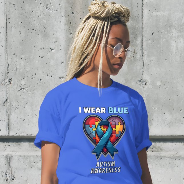 Ich trage blaues Autismus-Bewusstsein - Puzzle Her T-Shirt (I Wear Blue Autism Awareness T-Shirt - Puzzle Heart & Ribbon Design.)